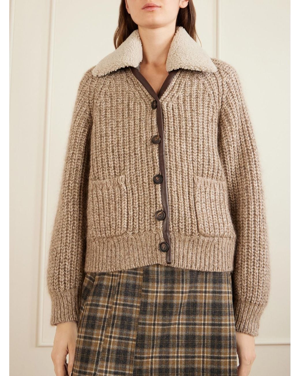 Brunello Cucinelli Natural Shearling And Leather-Trimmed Cashmere-Blend Cardigan