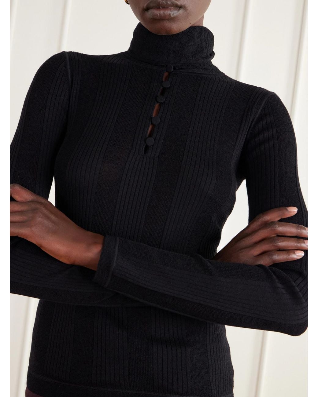 Tory Burch Black Scarf-Detailed Ribbed Wool Sweater