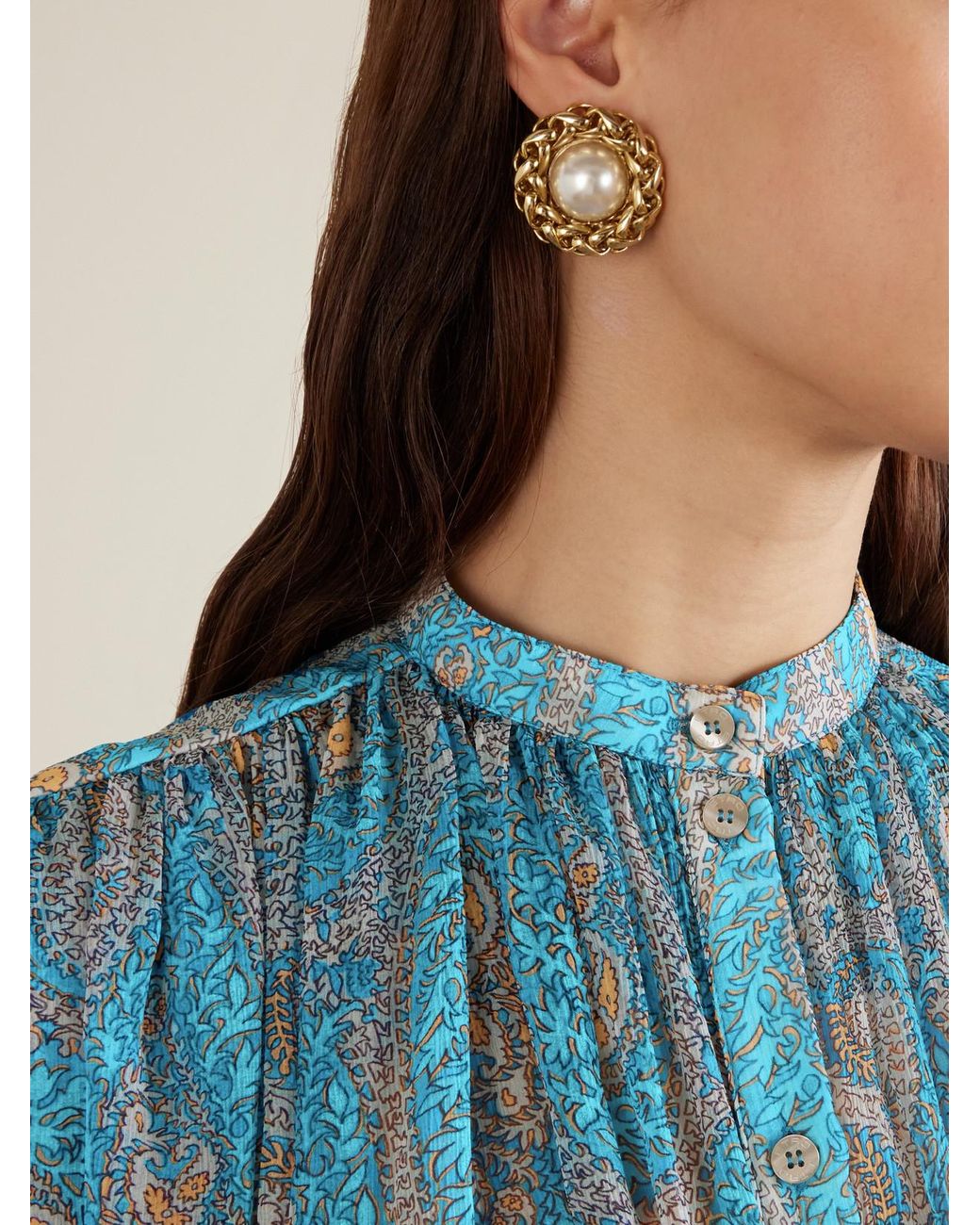 Etro Blue Pleated Paisley-Print Silk-Crepon Blouse