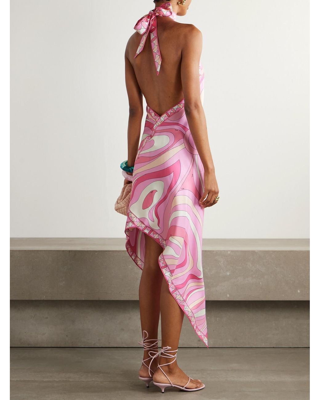 PUCCI Halterneck Printed Silk-Twill Midi Dress in Pink | Lyst