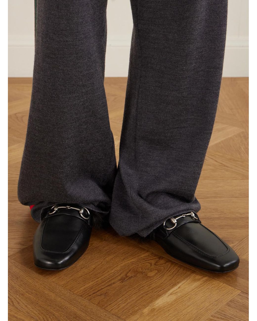 Gucci White Casanova Horsebit-Detailed Shearling-Trimmed Leather Mules