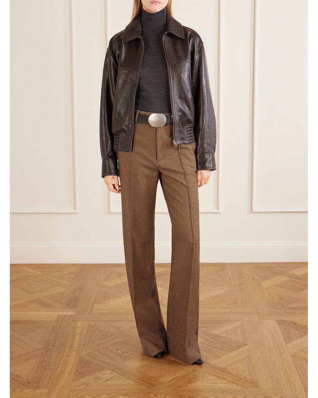 Nili Lotan Brown Etoile Pleated Virgin Wool-Herringbone Straight-Leg Pants