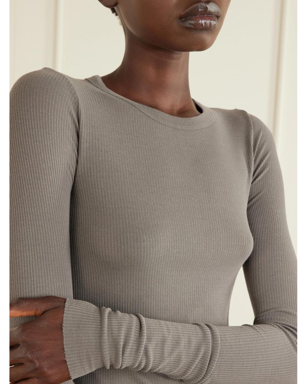 Rick Owens Gray Frayed Ribbed Jersey T-Shirt