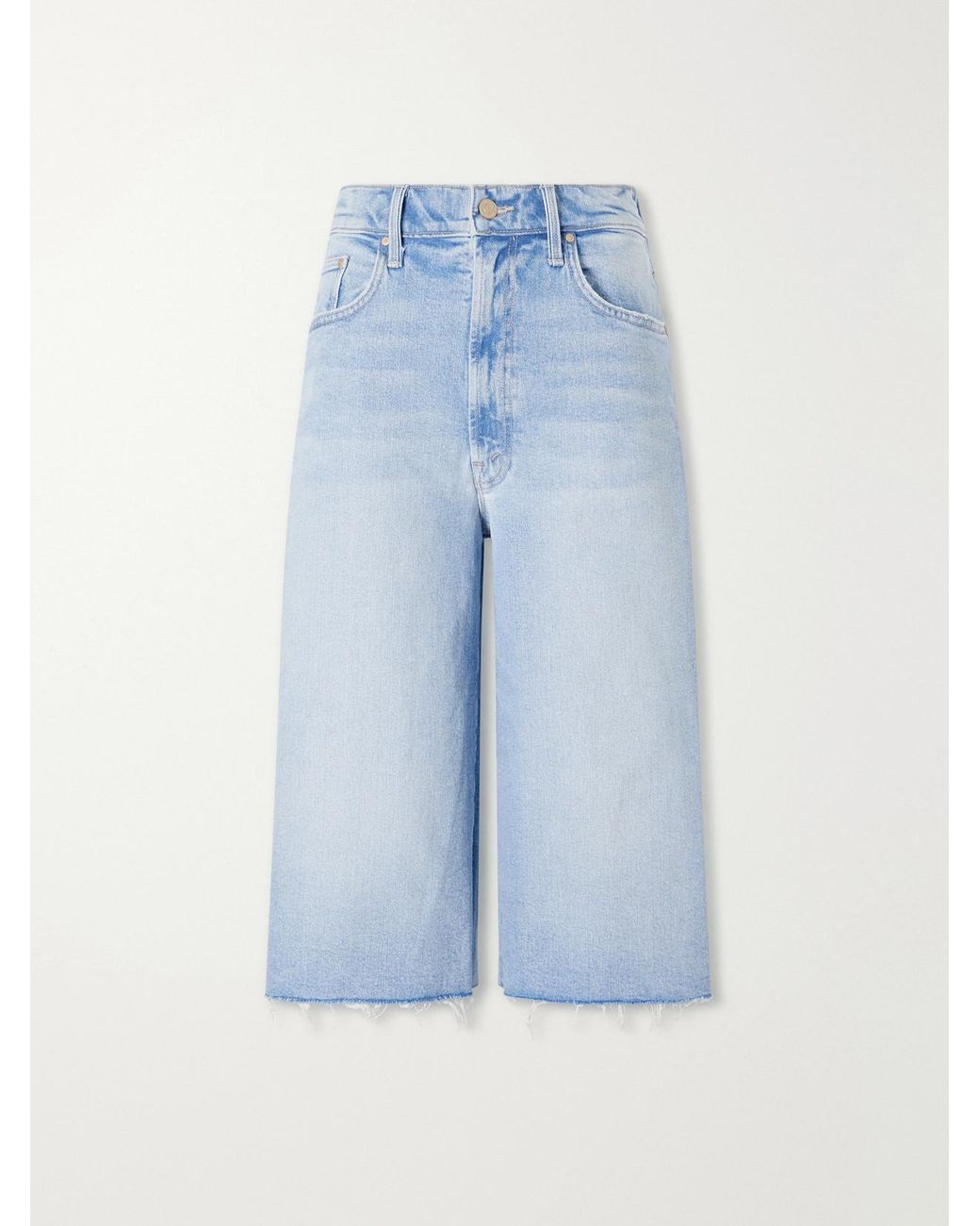 Mother Blue The Whole Lot Zip Fray Low-Rise Wide-Leg Denim Shorts