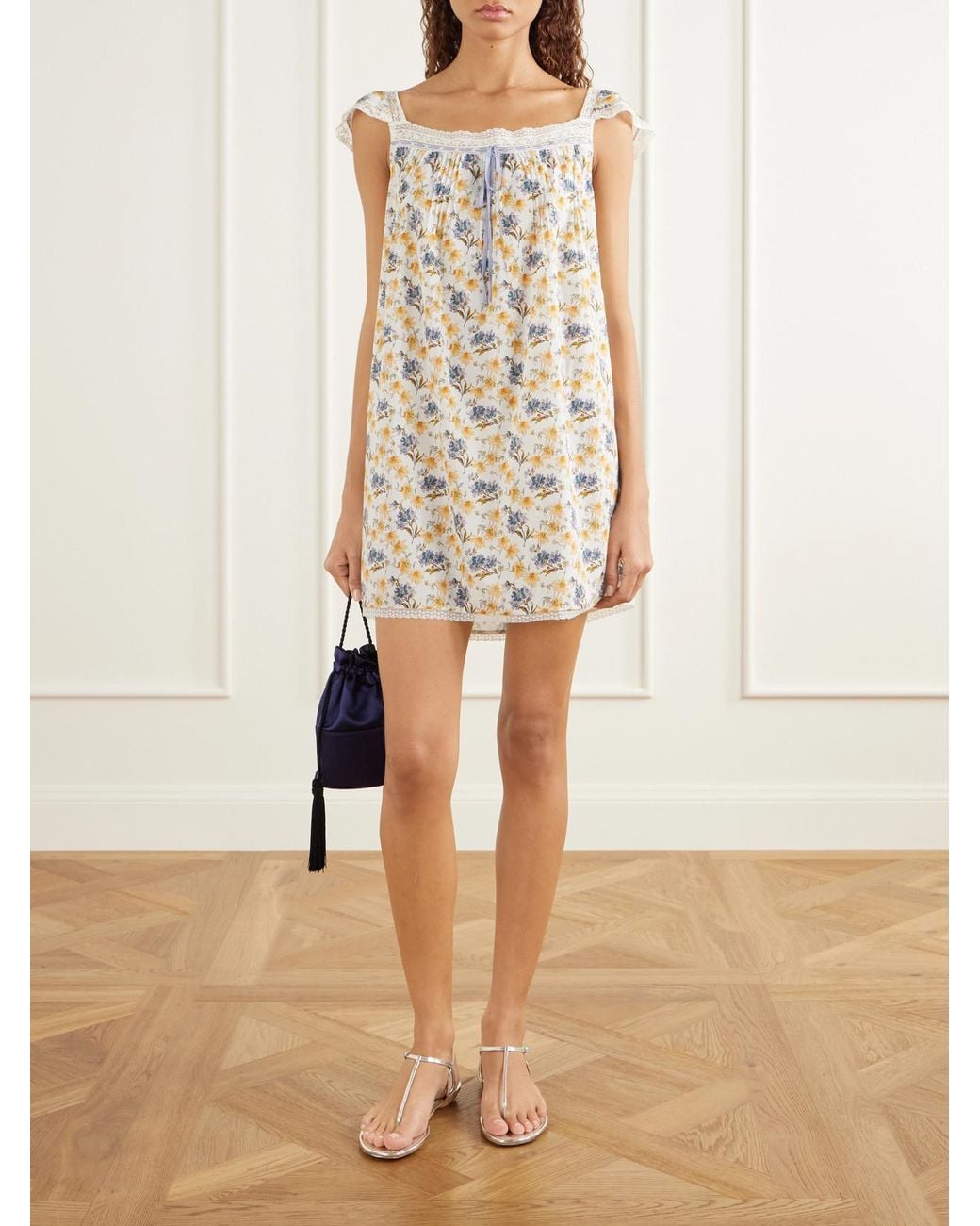 Doen White Sirona Tie-Detailed Floral-Print Lace-Trimmed Organic Cotton-Voile Mini Dress