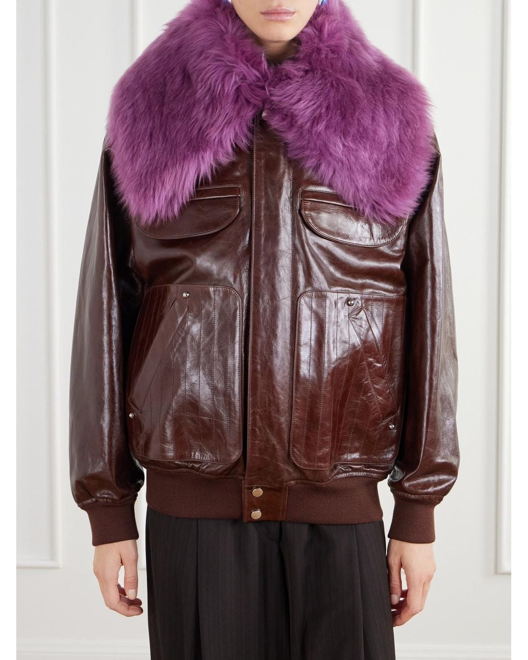 Rabanne Purple Shearling-Trimmed Leather Bomber Jacket