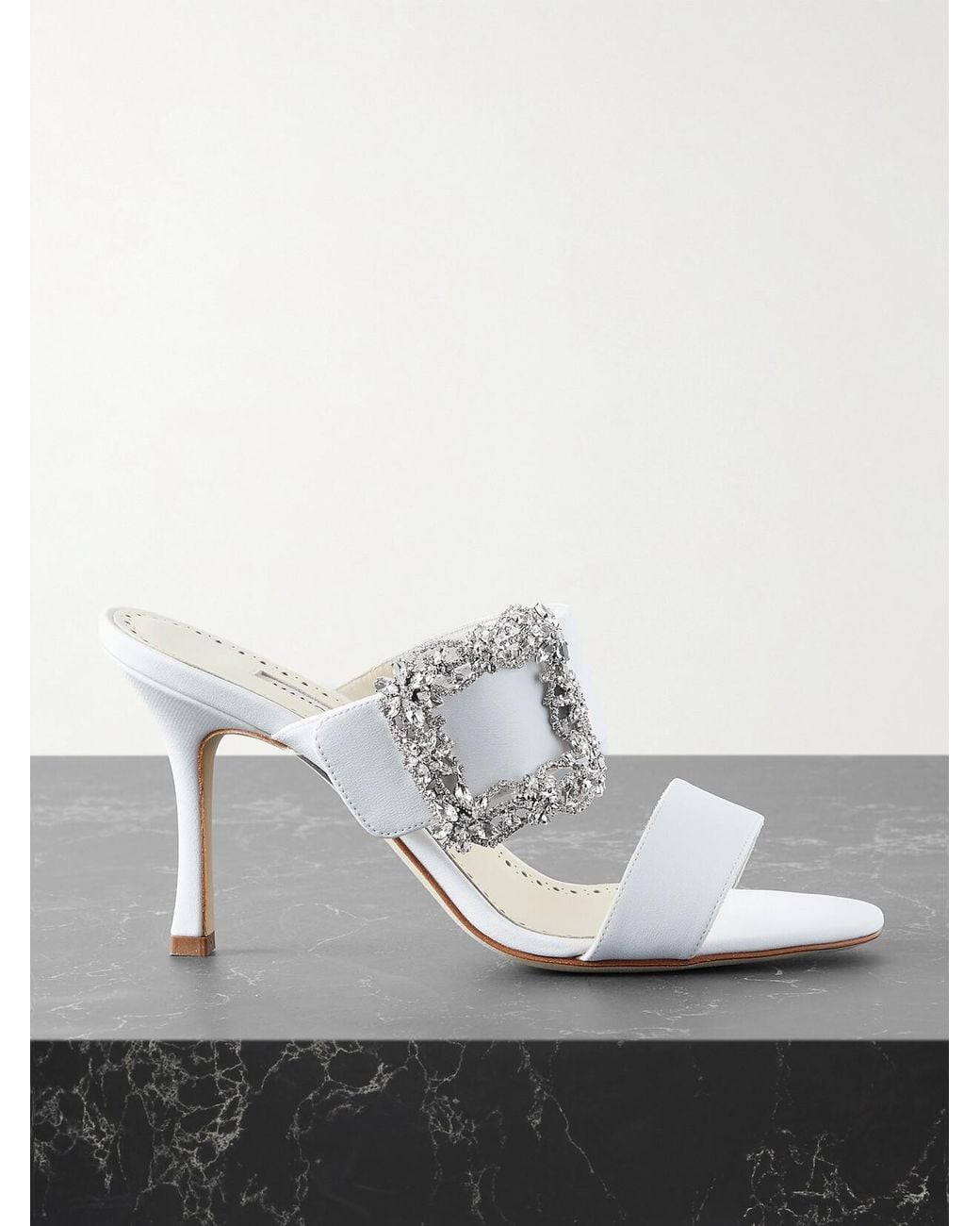 Manolo Blahnik White Gable 90 Buckled Crepe De Chine Mules
