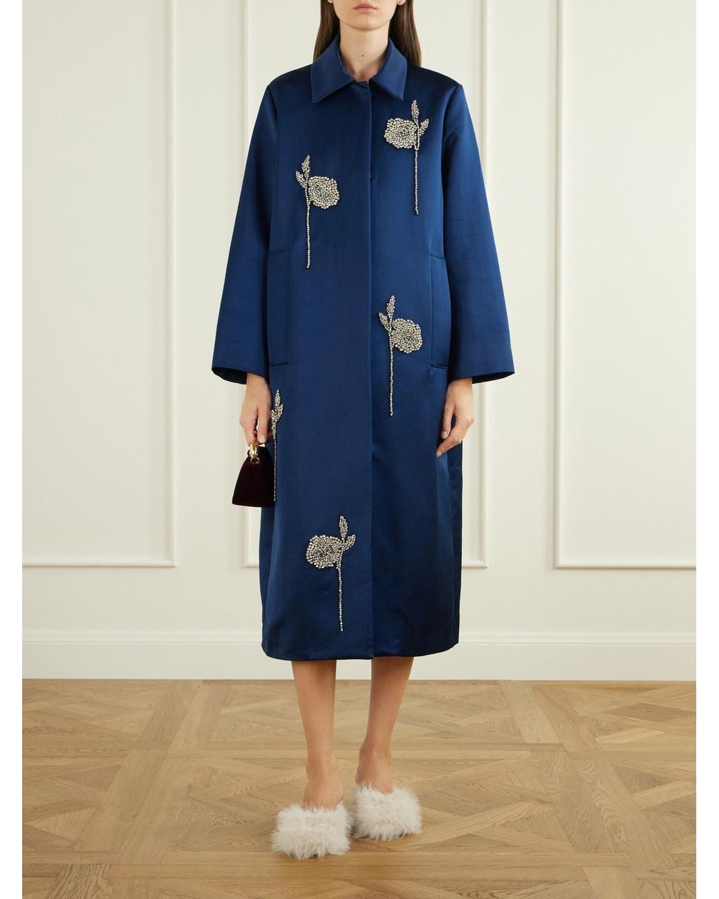 Erdem Blue Floral-Embroidered Satin Coat