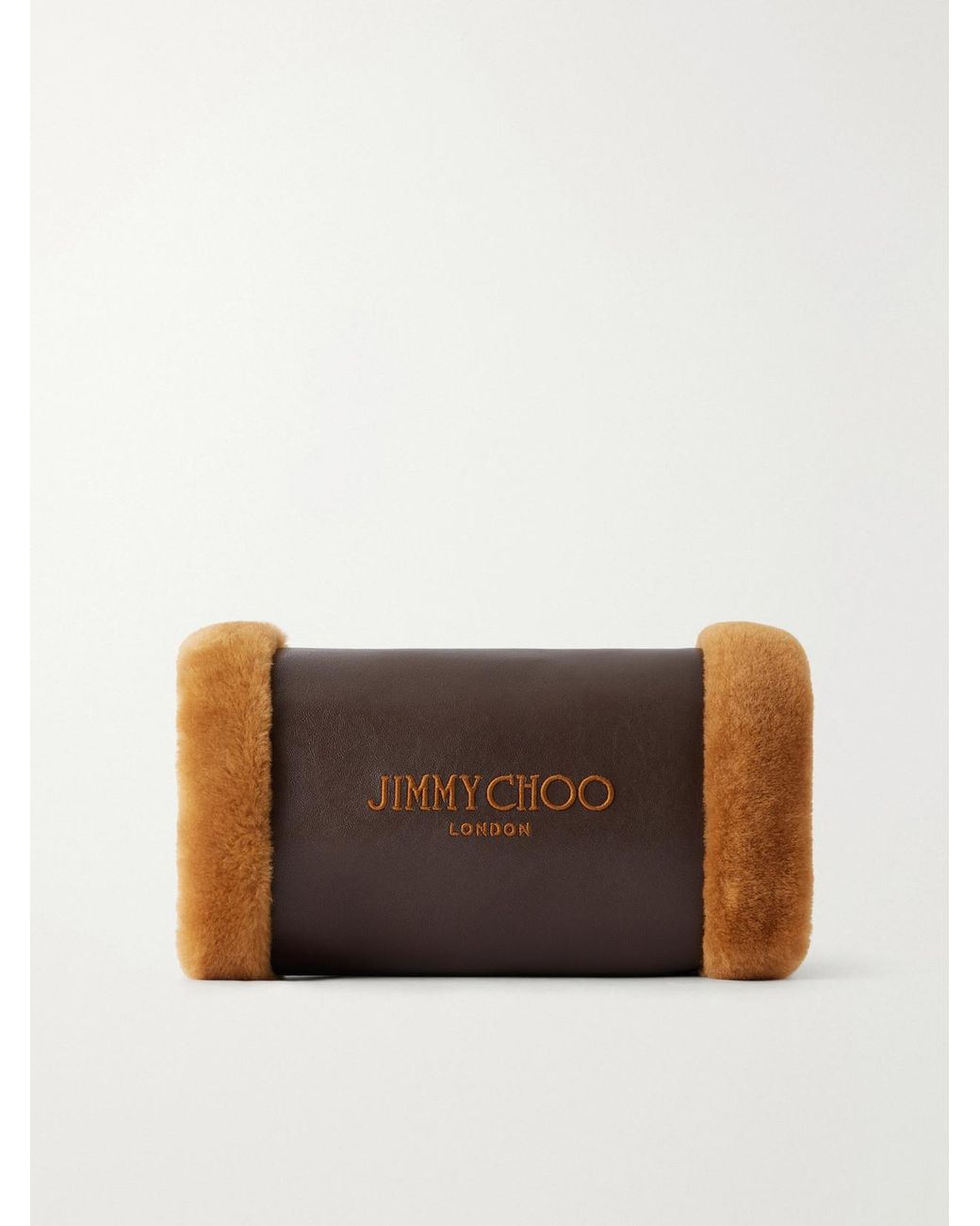 Jimmy Choo Brown Logo-Embroidered Shearling-Trimmed Leather Handwarmer