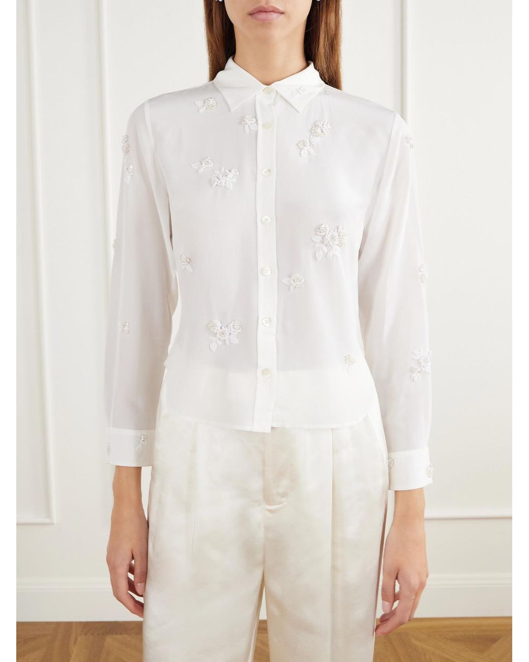 BERNADETTE White Baby Bead-Embellished Silk-Crepe De Chine Shirt