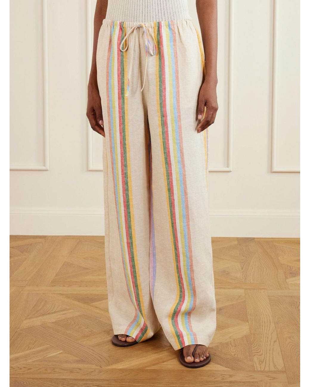 Staud Natural Mateo Striped Linen Wide-Leg Pants