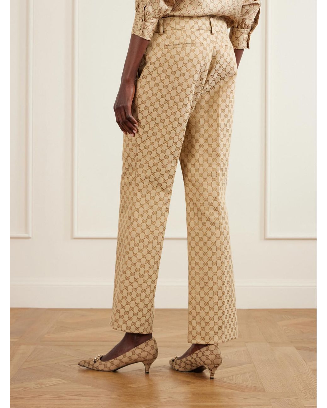 Gucci Natural Belted Canvas-Jacquard Bootcut Pants