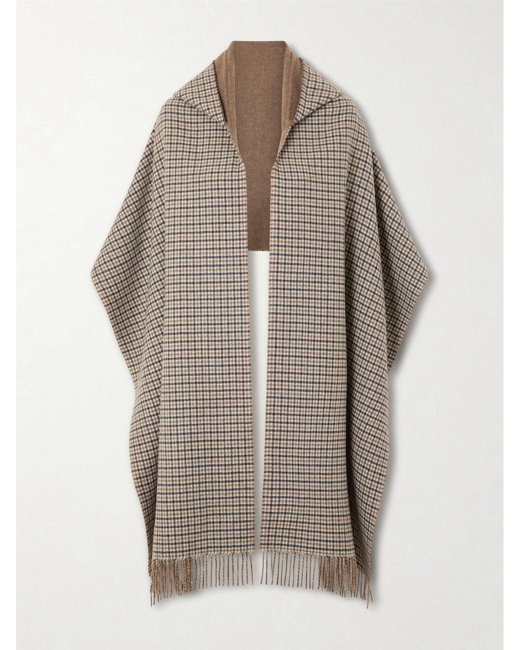 Brunello Cucinelli Gray Hooded Fringed Checked Cashmere Wrap