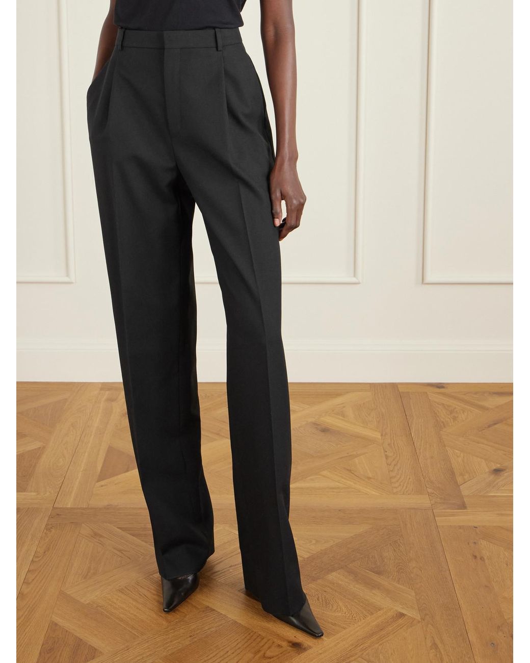 Saint Laurent Black Pleated Grain De Poudre Wool Straight-Leg Pants