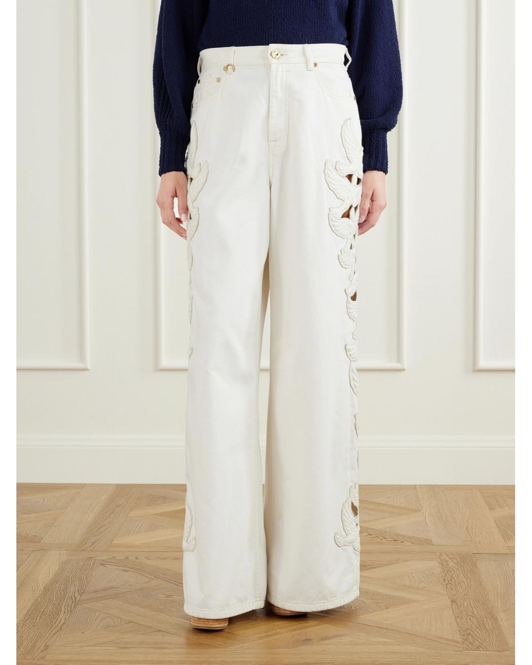 Zimmermann White Appliquéd High-Rise Straight-Leg Jeans
