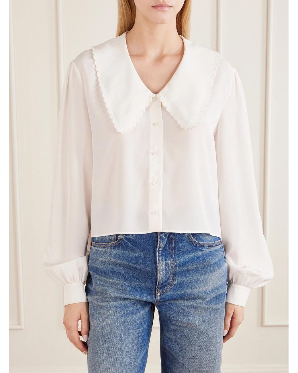 Chloé White Cropped Silk-Crepe De Chine Blouse