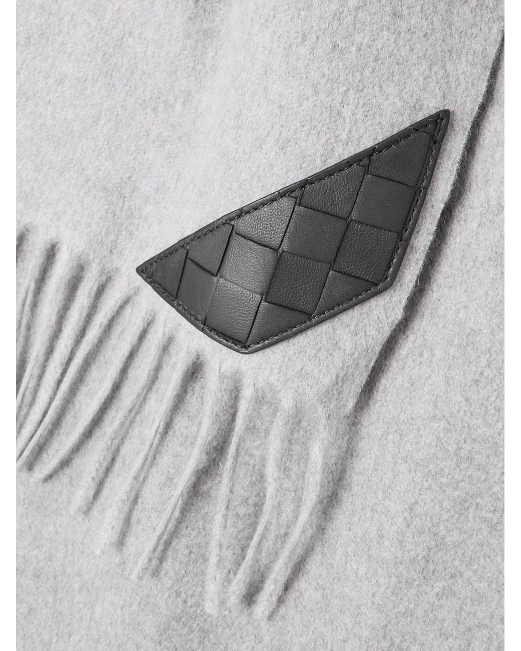 Bottega Veneta White Intrecciato Leather-Trimmed Fringed Cashmere Scarf