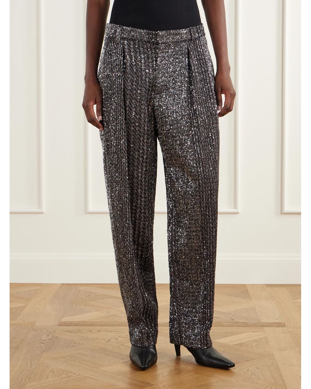 Missoni Gray Pleated Sequined Metallic Crochet-Knit Straight-Leg Pants
