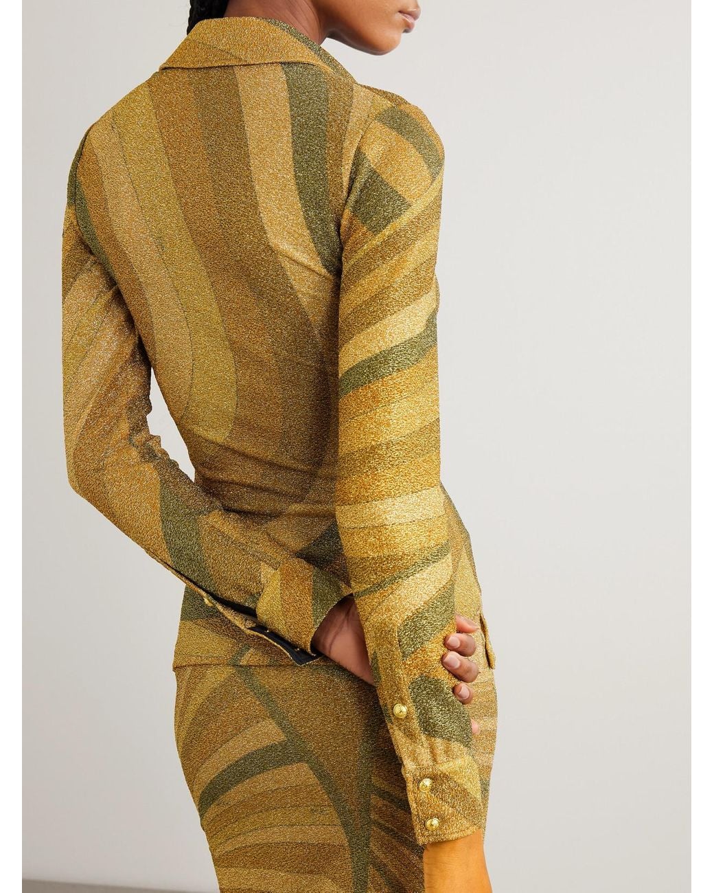 Emilio Pucci Yellow Printed Metallic Jersey Polo Shirt