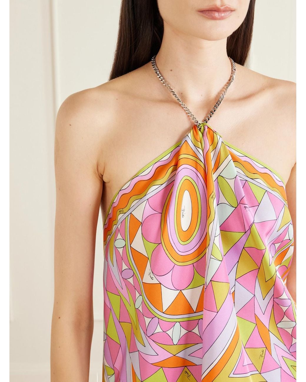 Emilio Pucci White Printed Silk-Twill Halterneck Top