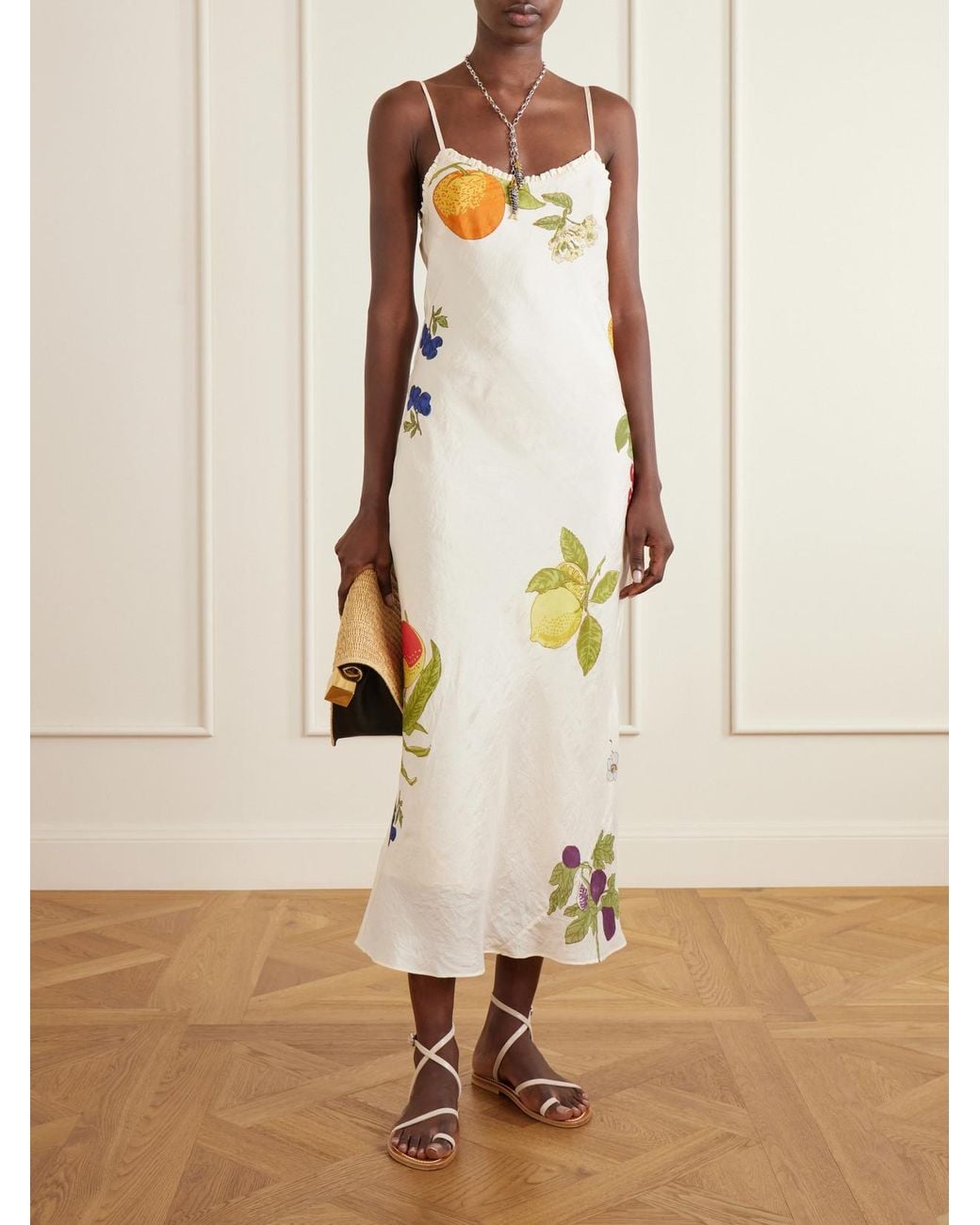 Alix Of Bohemia Natural Athens Nine Fruit Printed Silk Midi Dress