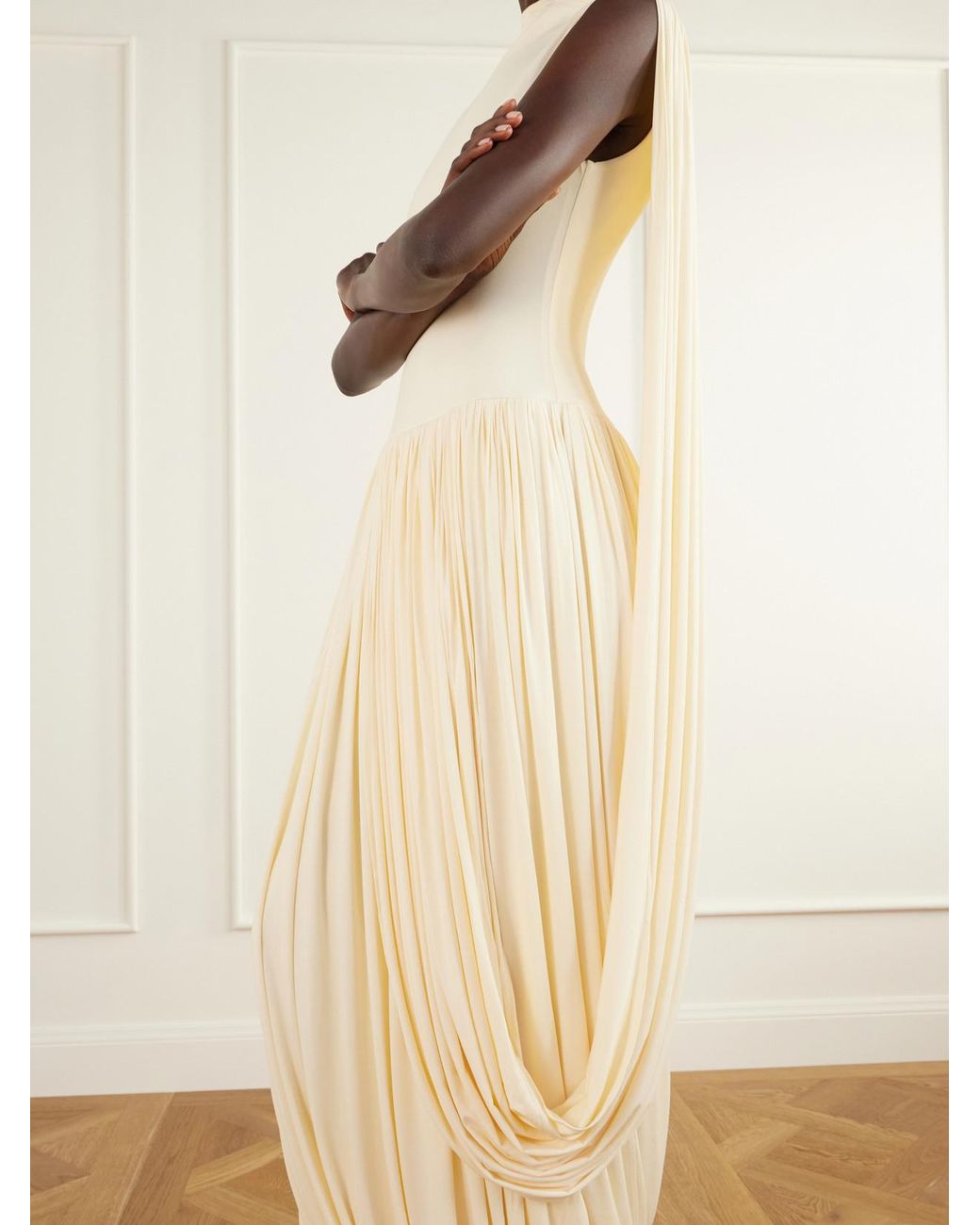 Abadia Natural Asymmetric Draped Stretch Bamboo-Jersey Midi Dress
