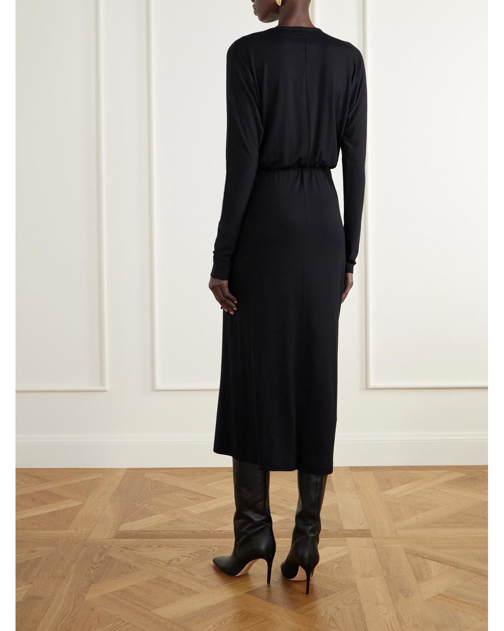 ÉTERNE Black Daria Draped Stretch-Modal Jersey Midi Wrap Dress