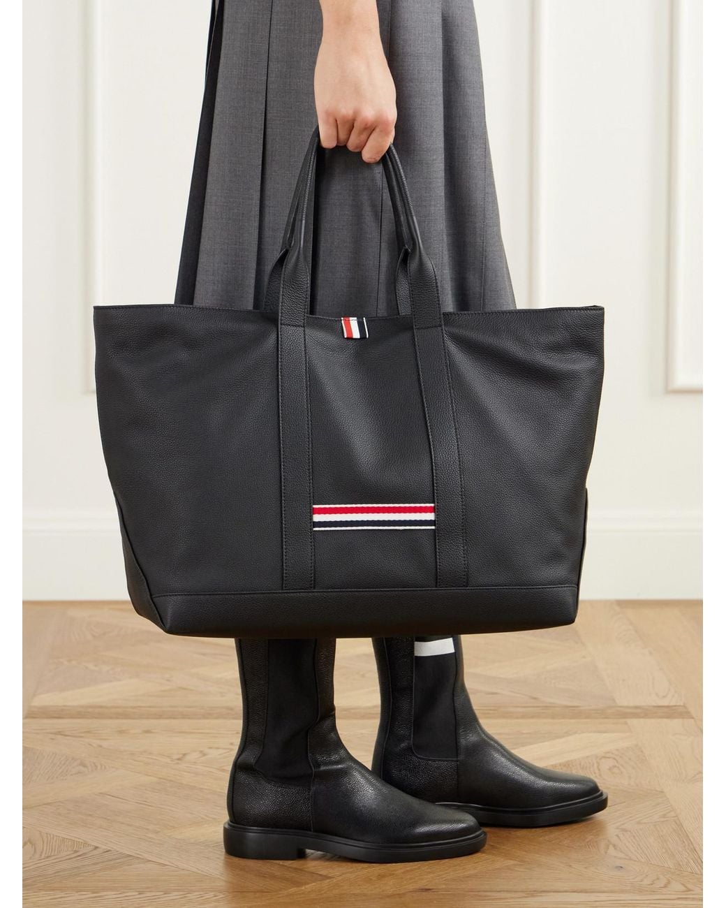 Thom Browne Black Tool Striped Grosgrain-Trimmed Full-Grain Leather Tote