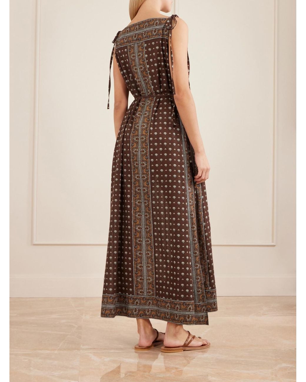 Doen Brown Amarante Belted Printed Organic Cotton-Voile Midi Dress
