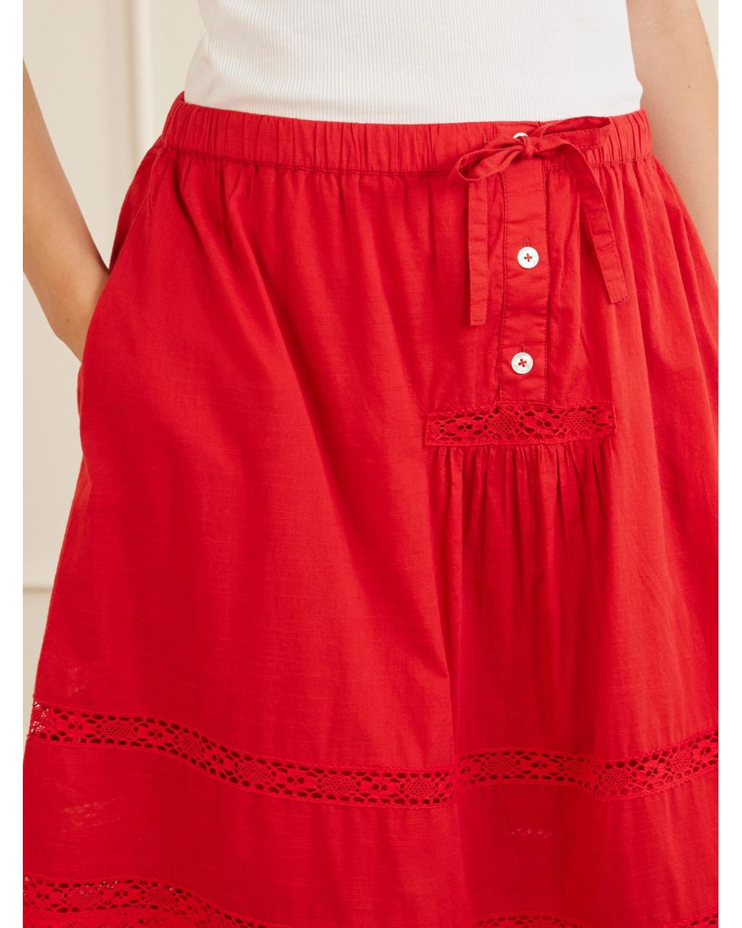 Sea Red Pippa Lace-Trimmed Cotton Midi Skirt