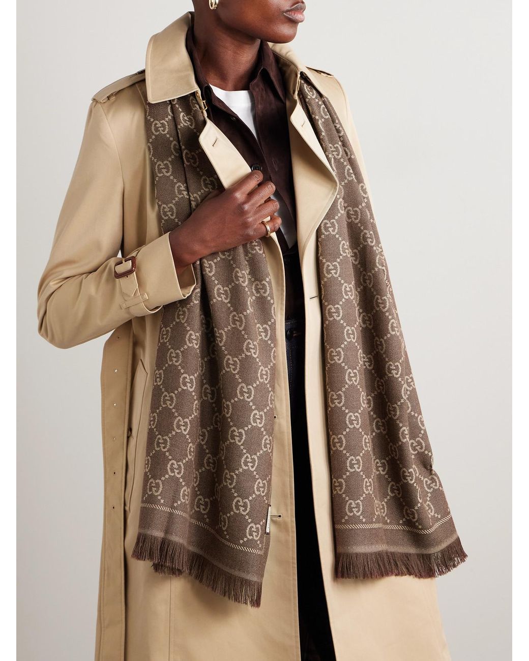 Gucci Brown Net Sustain Sten Reversible Fringed Organic Wool-Jacquard Scarf