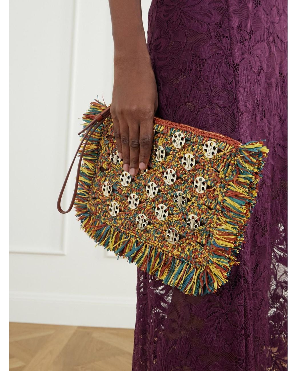 Rabanne Multicolor Leather-Trimmed Fringed Woven Raffia Clutch