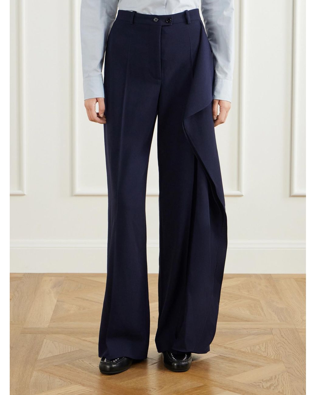 Jil Sander Blue Draped Wool-Sablé Wide-Leg Pants