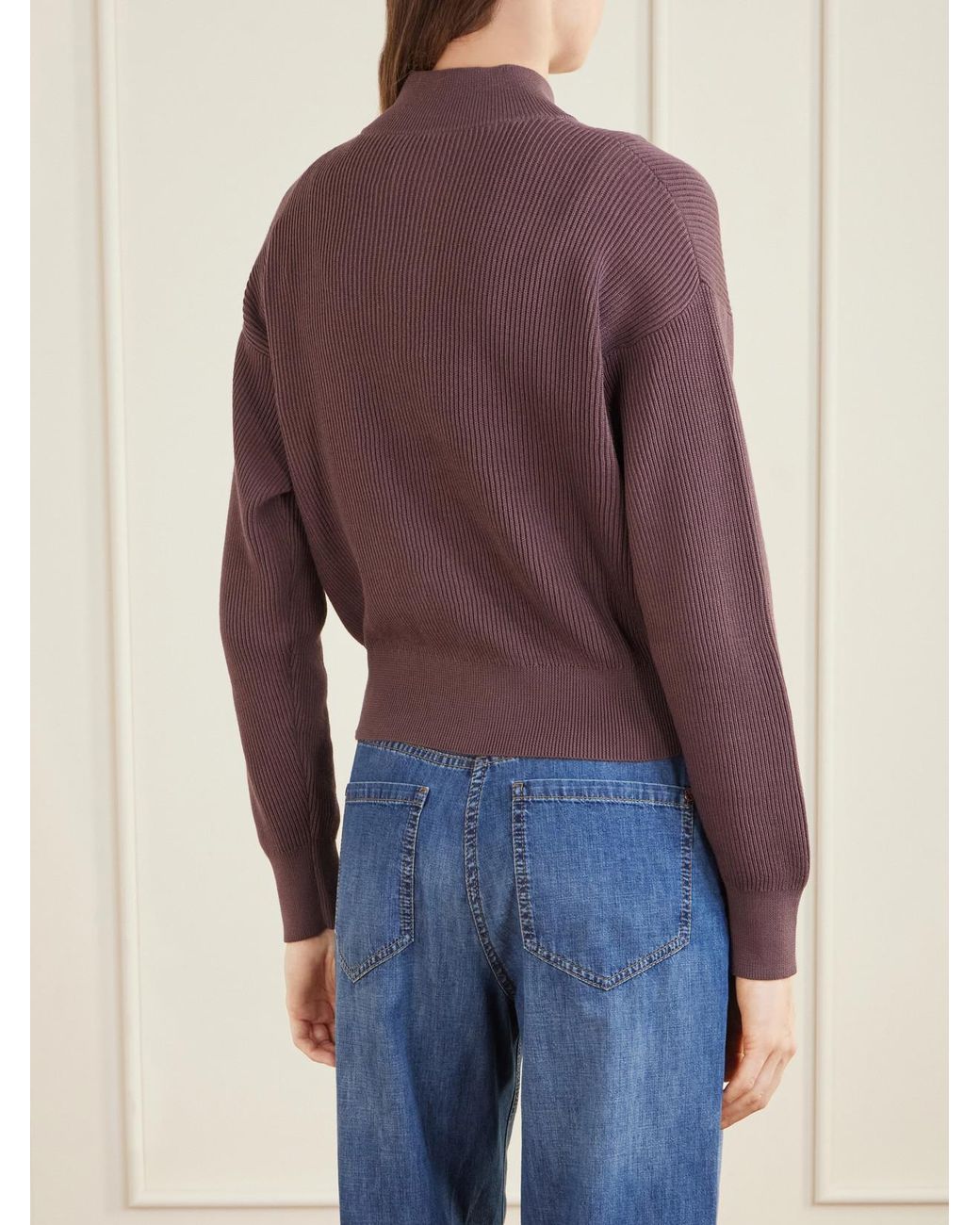 Brunello Cucinelli Purple Ribbed Cotton Zip-Up Turtleneck Cardigan