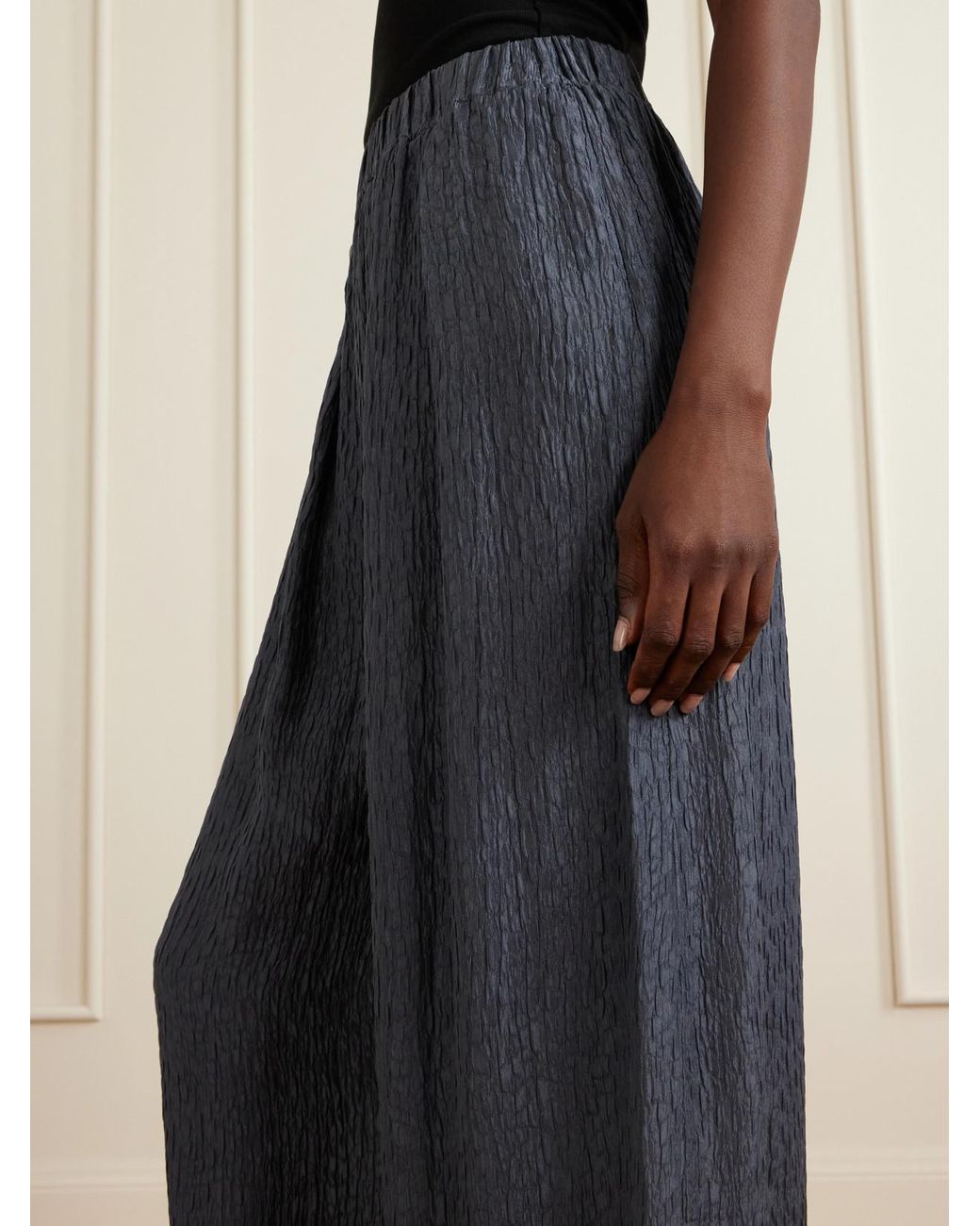 Cortana Blue Anhelo Crinkled Silk-Charmeuse Wide-Leg Pants
