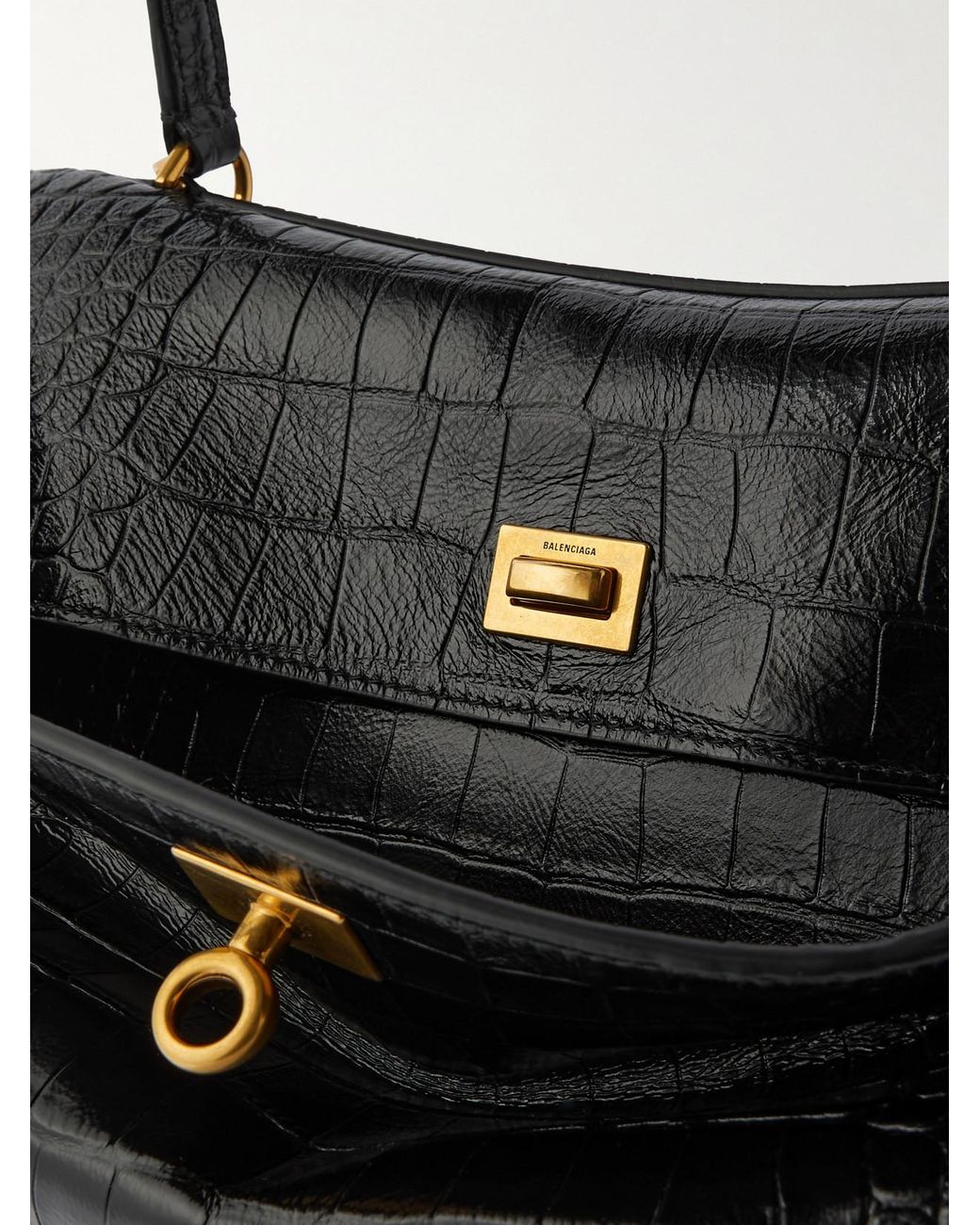 Balenciaga Black Rodeo Medium Croc-Effect Leather Shoulder Bag