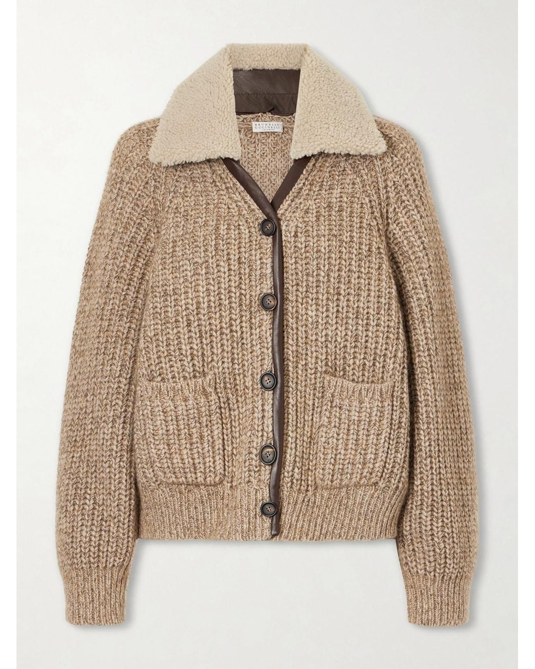 Brunello Cucinelli Natural Shearling And Leather-Trimmed Cashmere-Blend Cardigan
