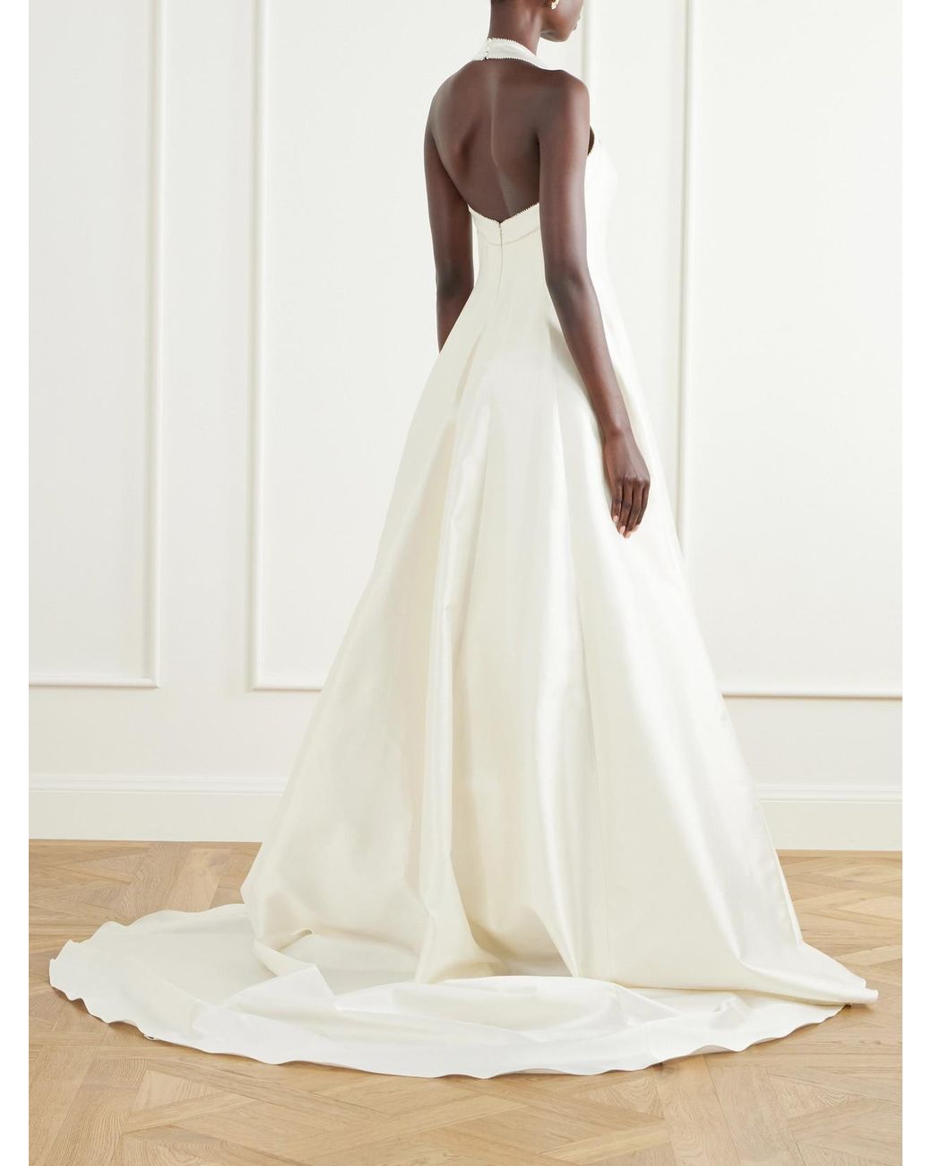 Danielle Frankel White Liz Halterneck Beaded Wool And Silk-Blend Twill Bustier Gown
