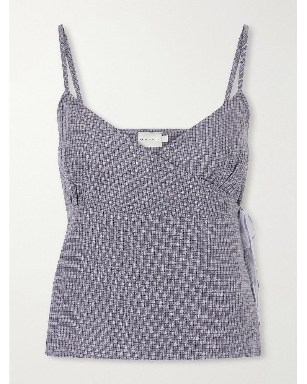 Deiji Studios Purple Wrapping Micro-Check Linen Top