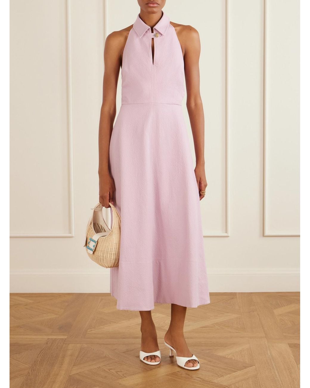 Veronica Beard Pink Mackey Cotton-Blend Seersucker Halterneck Midi Dress