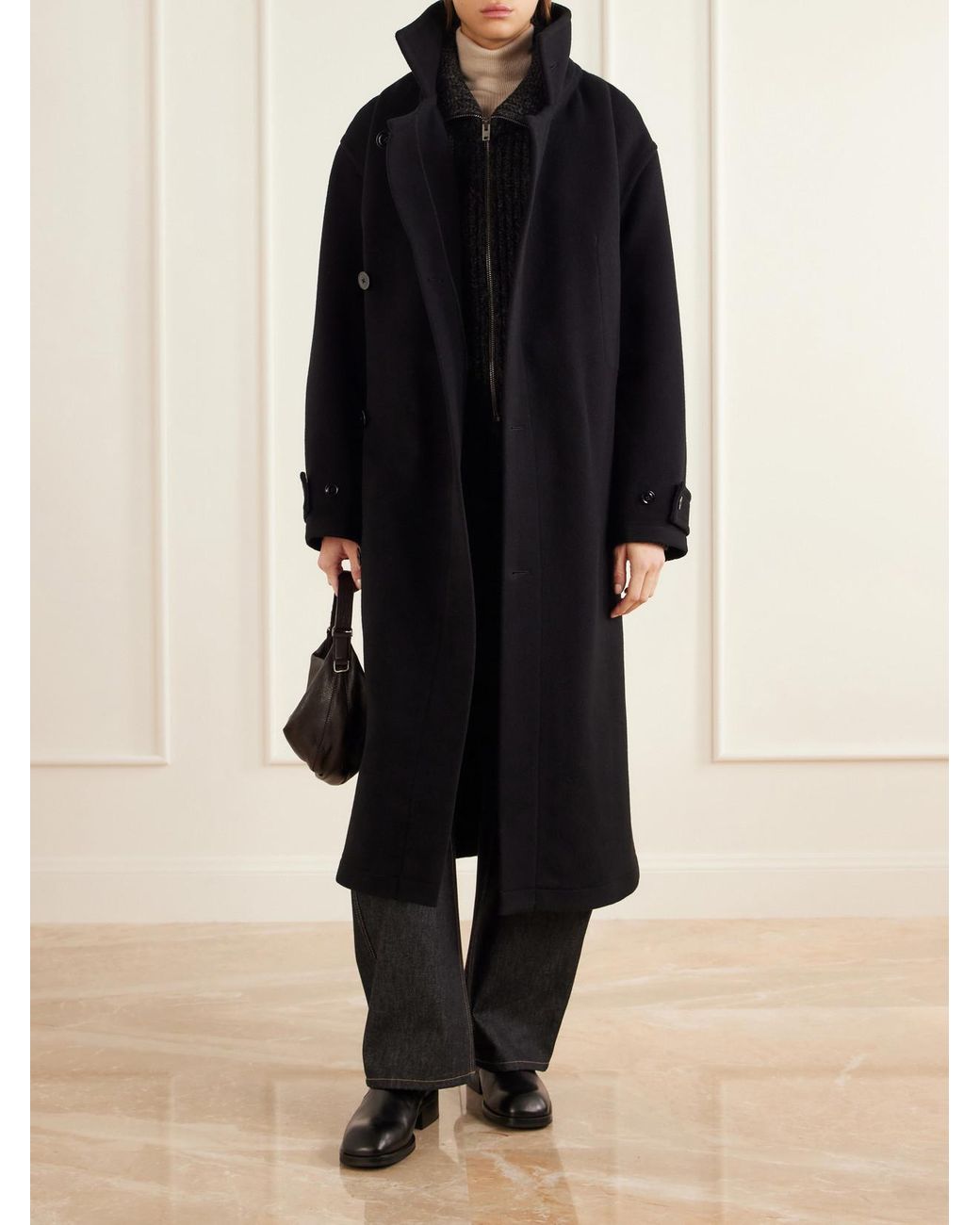 Lemaire Black Belted Double-Breasted Wool-Felt Coat