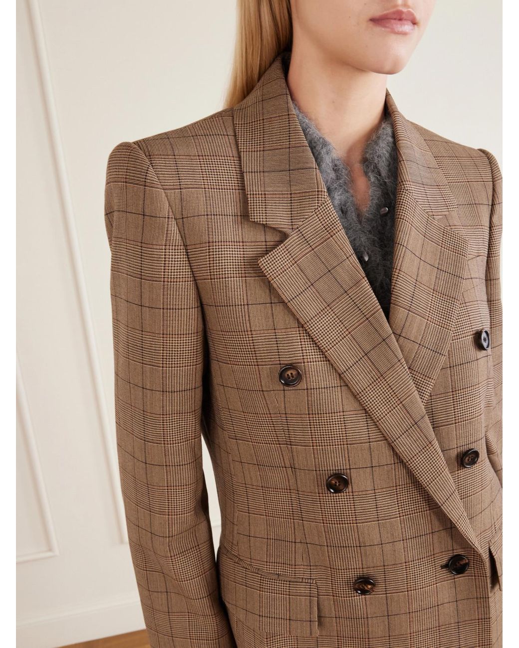 Chloé Brown Double-Breasted Checked Wool Blazer