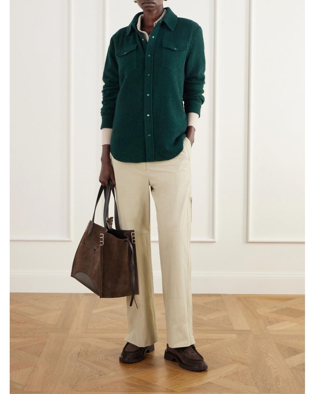God's True Cashmere Green Malachite Basketweave Brushed Cashmere Shirt