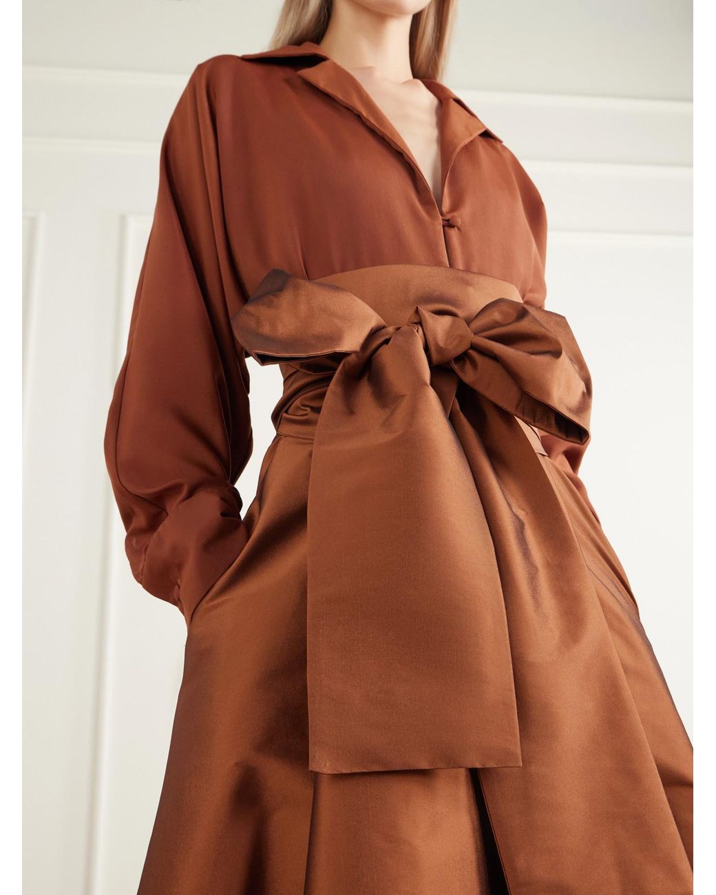 BERNADETTE Brown Beatrice Belted Satin And Taffeta Gown