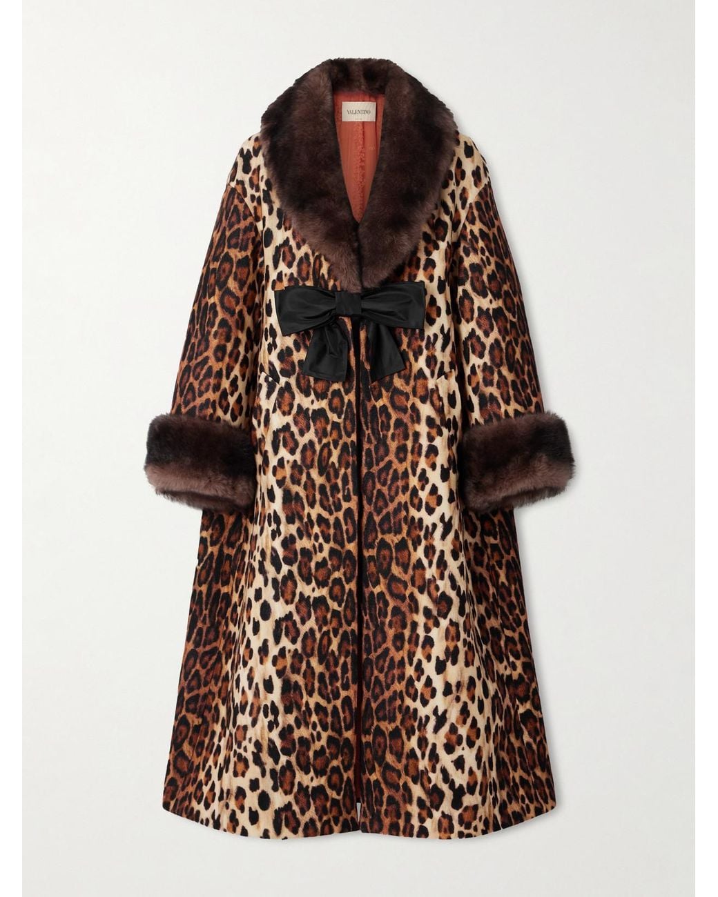 Valentino Garavani Brown Bow-Embellished Shearling-Trimmed Leopard-Print Wool Coat