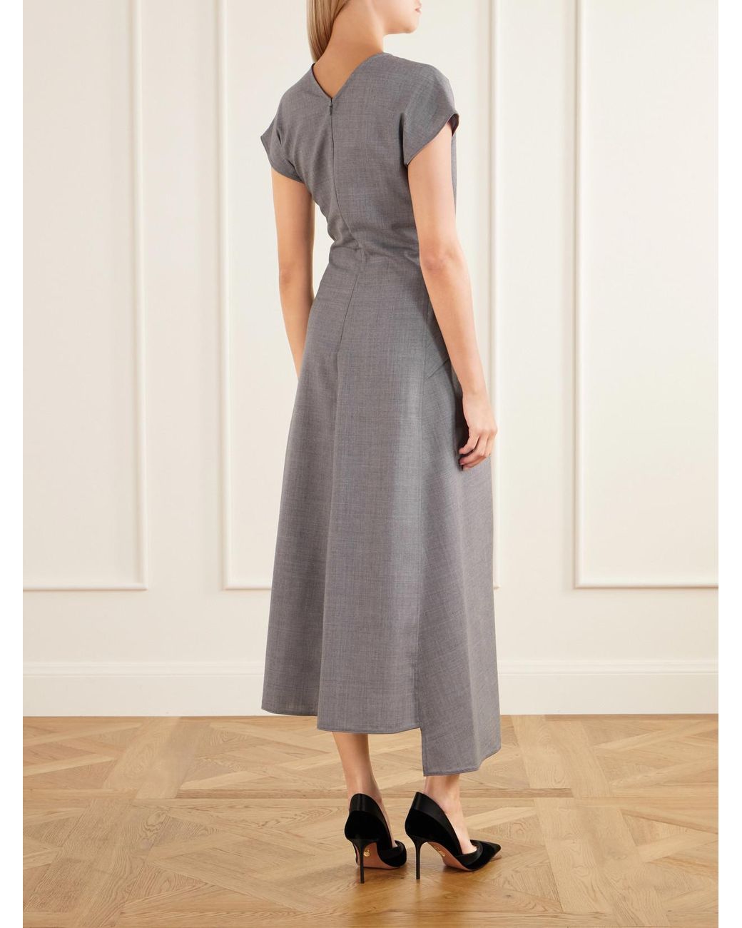 Victoria Beckham Gray Aria Gathered Wool Midi Dress