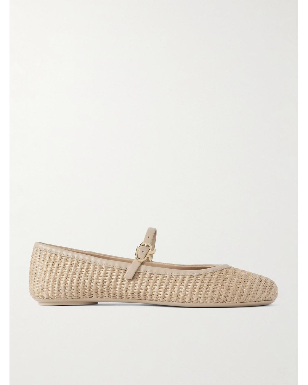 Gianvito Rossi Carla Leather-Trimmed Raffia Mary Jane Ballet Flats in ...