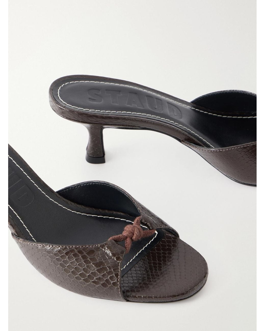 Staud Natural Brynn 70 Snake-Effect Leather Mules