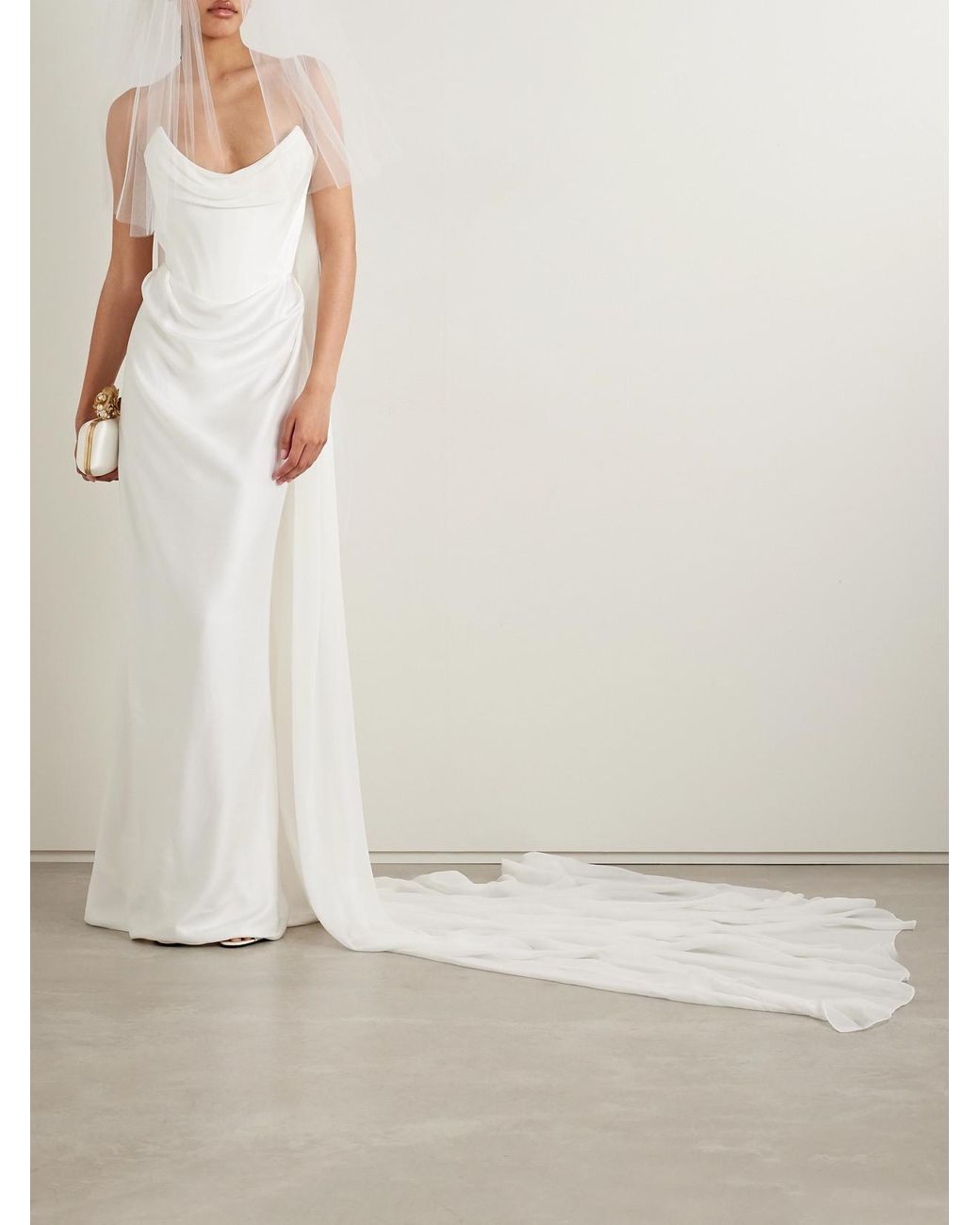 Vivienne Westwood White Galaxy Cape-Effect Strapless Organic Silk Chiffon-Trimmed Satin Gown