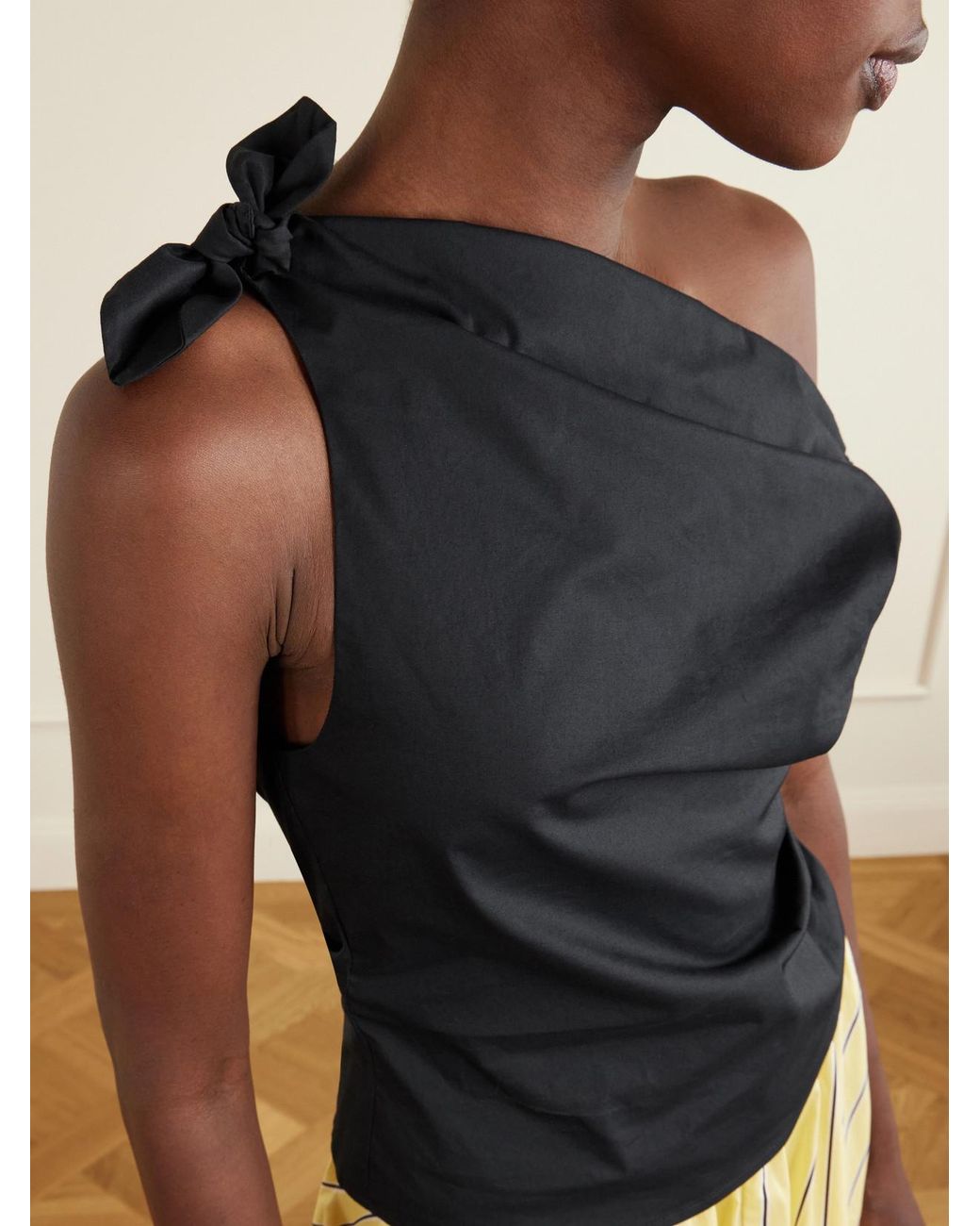 Staud Black Bellaria Asymmetric Knot-Detailed Cotton-Blend Poplin Top